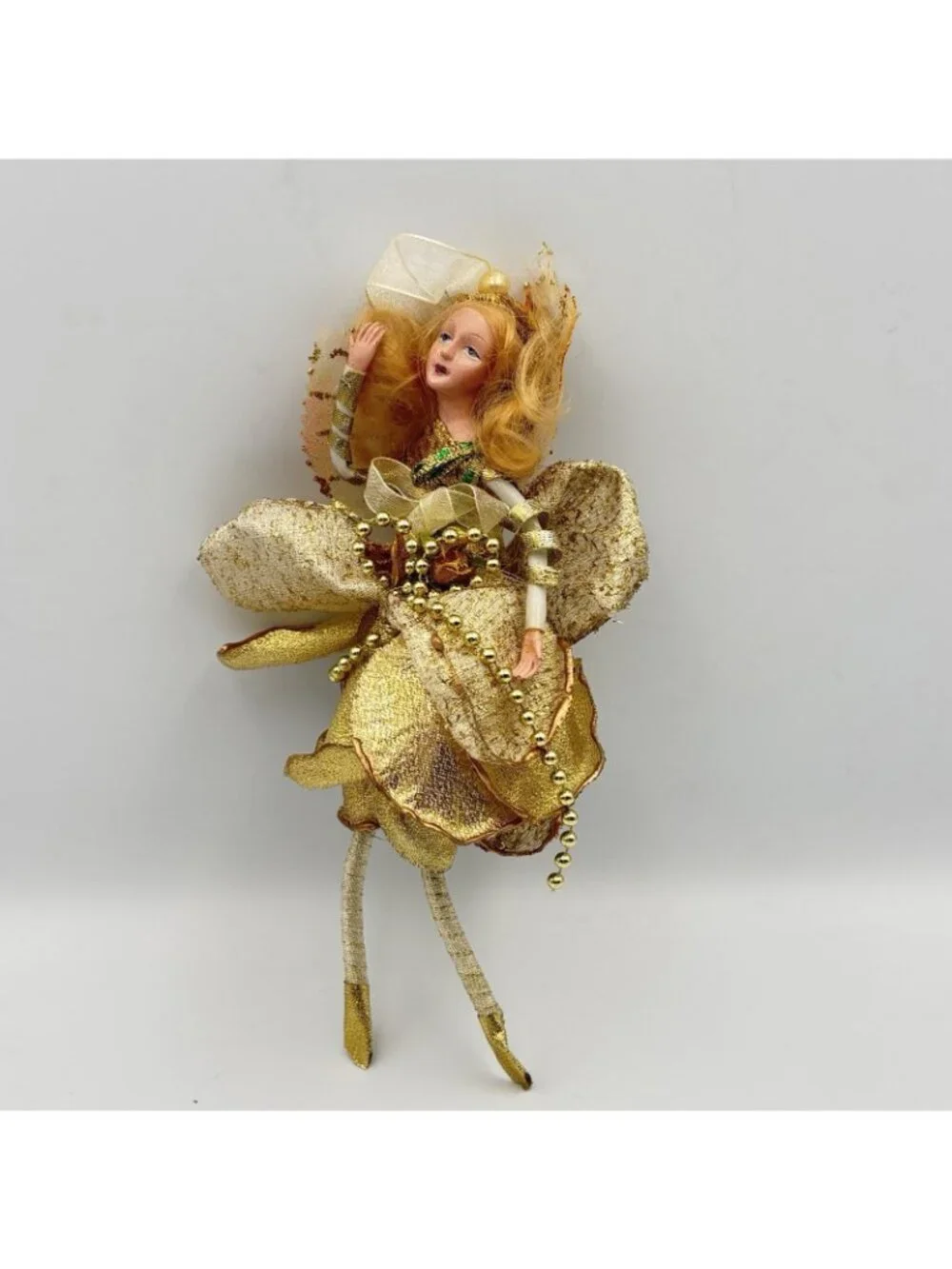 Vintage Porcelain Fairy Lady Gold Green Christmas Ornament Pearls Beads 8 in